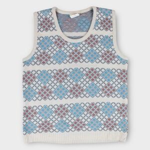 Vintage Argyle Sweater Vest Women's Size 40 Blue Tan Knit Pullover Made in USA
